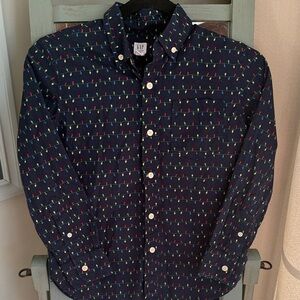 GAP Boys Navy Blue Button Up Shirt with Christmas Lights